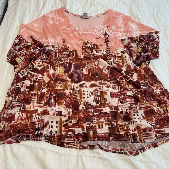 Catherines Tops - Catherines Pink and Brown Scenic Print Short Sleeve Tunic